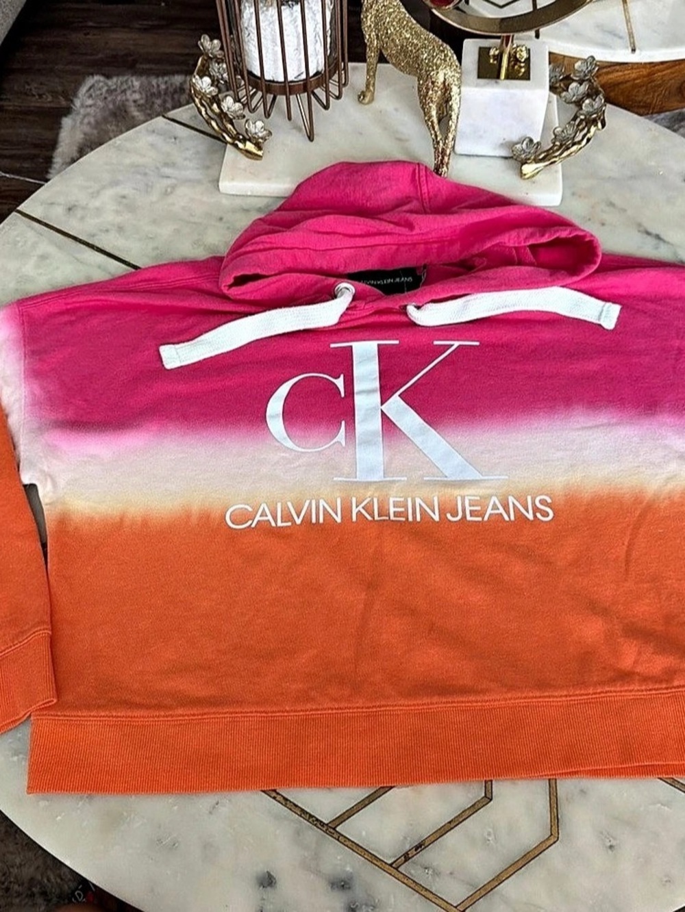 Calvin Klein Jeans Dip Dye Logo Hoodie Pink & Orange Medium
